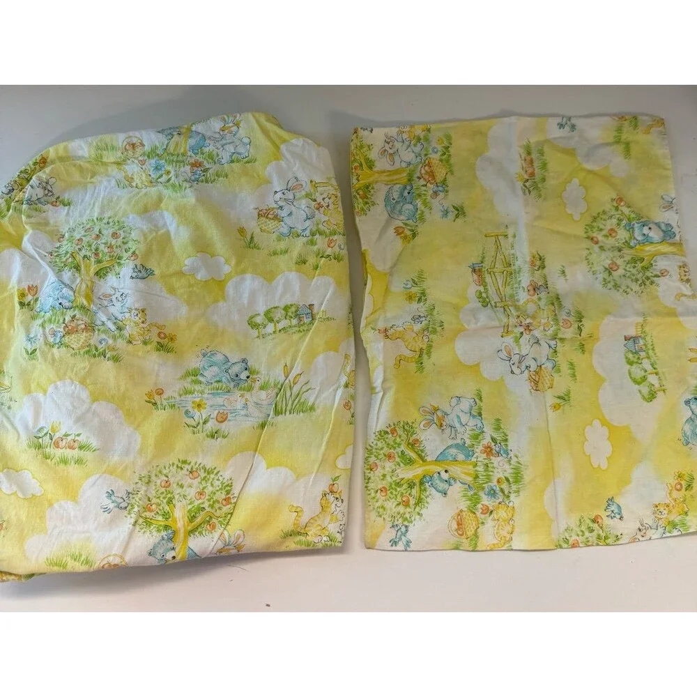 Vtg 70s Dundee Yellow Bears Rabbits Forest Fitted Crib Sheet & Pillowcase Animal